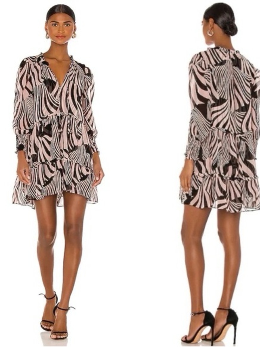 Misa Los Angeles Tiered Long-Sleeve Mini Dress Pink/Black oversized dress XS